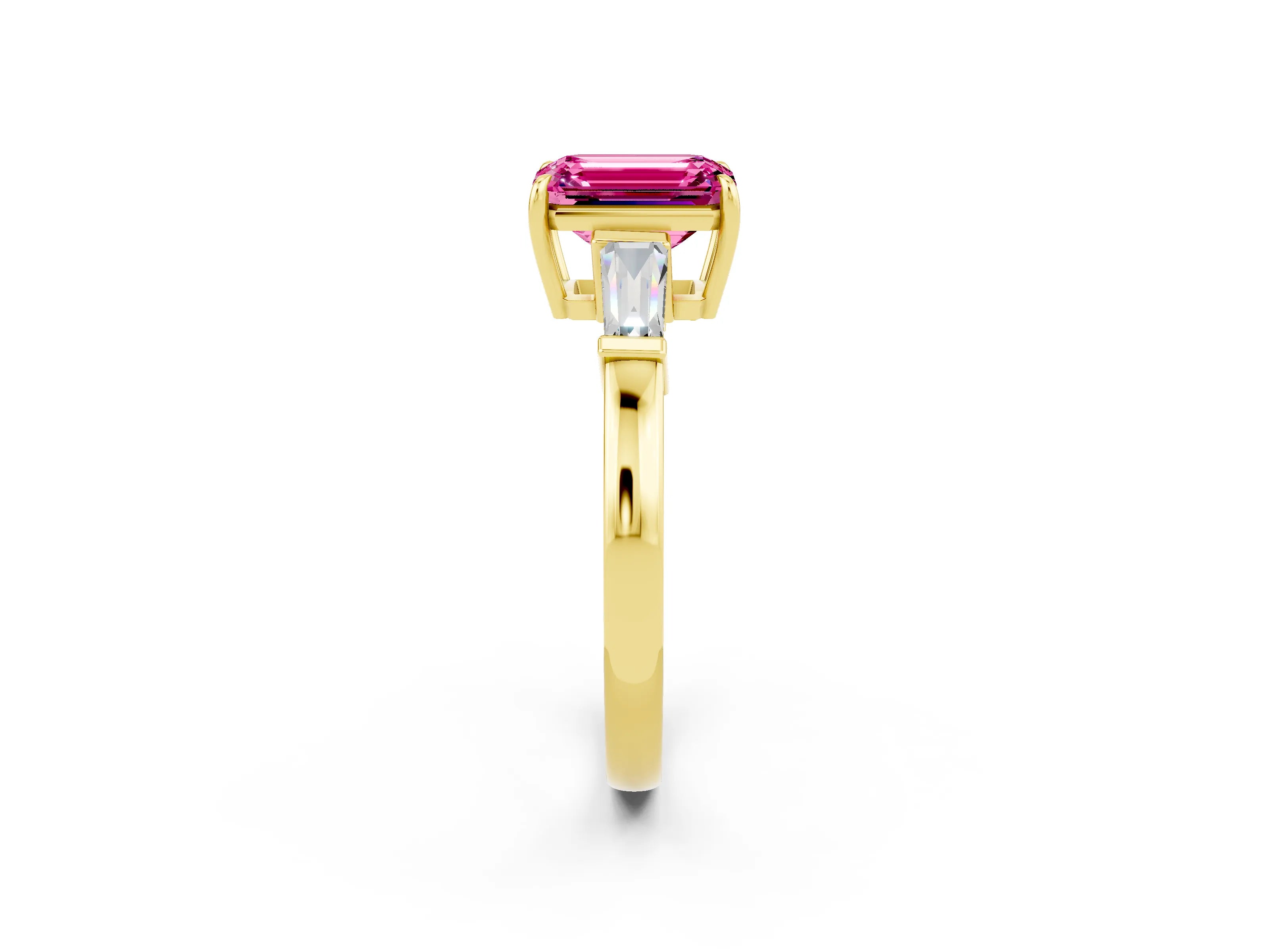 Yellow gold Emerald Cut Cut Diamond Ring with Tapered Baguette Side Stones in Four-Prong Setting_2