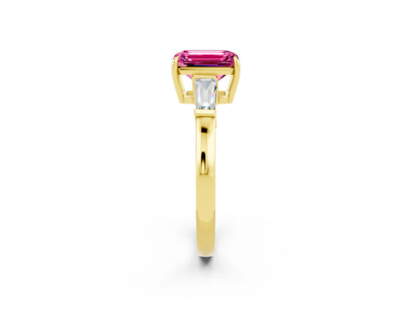 Yellow gold Emerald Cut Pink Sapphire Three-Stone Ring with Tapered Baguette Side Stones and Prong Setting
