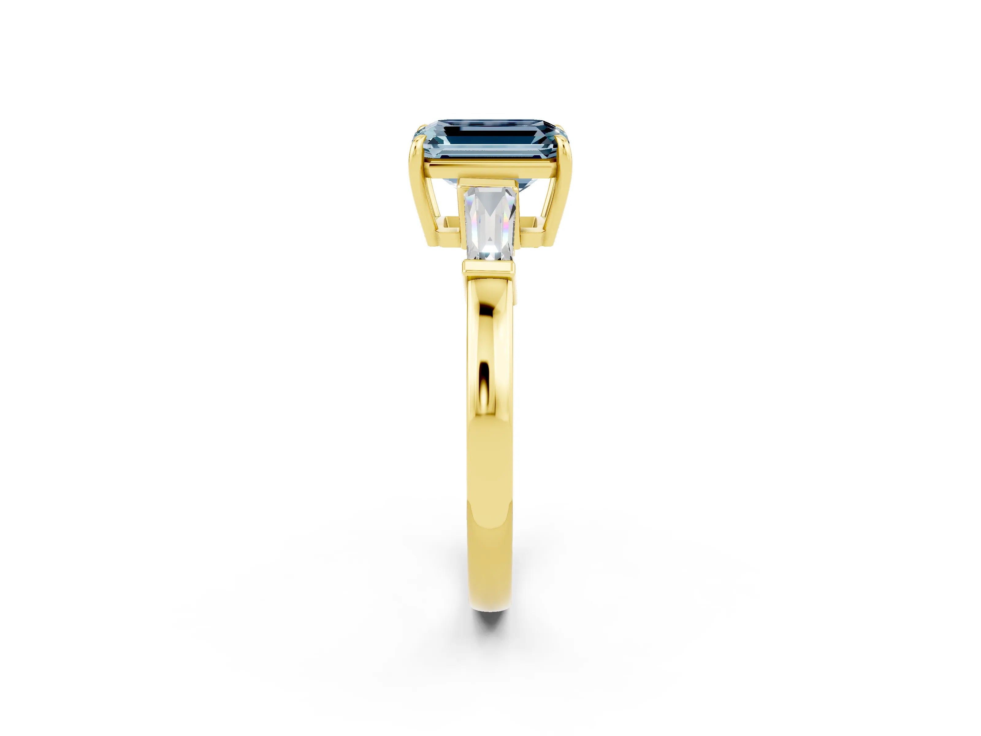 Yellow gold Emerald Cut Cut Diamond Ring with Tapered Baguette Side Stones in Four-Prong Setting_2