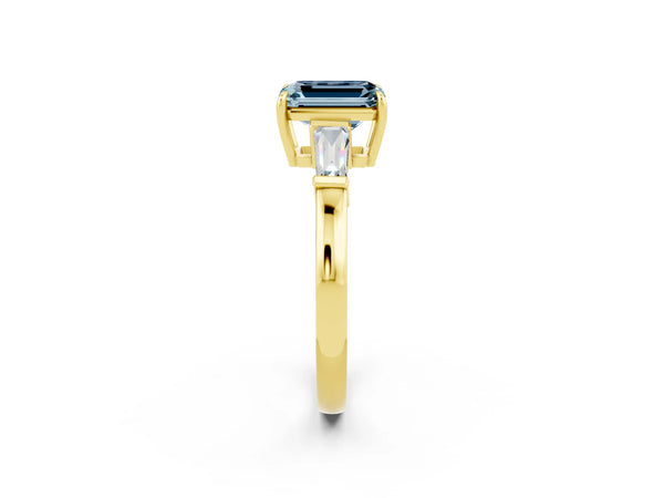 Yellow gold Emerald Cut Aquamarine Three-Stone Ring with Tapered Baguette Side Stones and Prong Setting