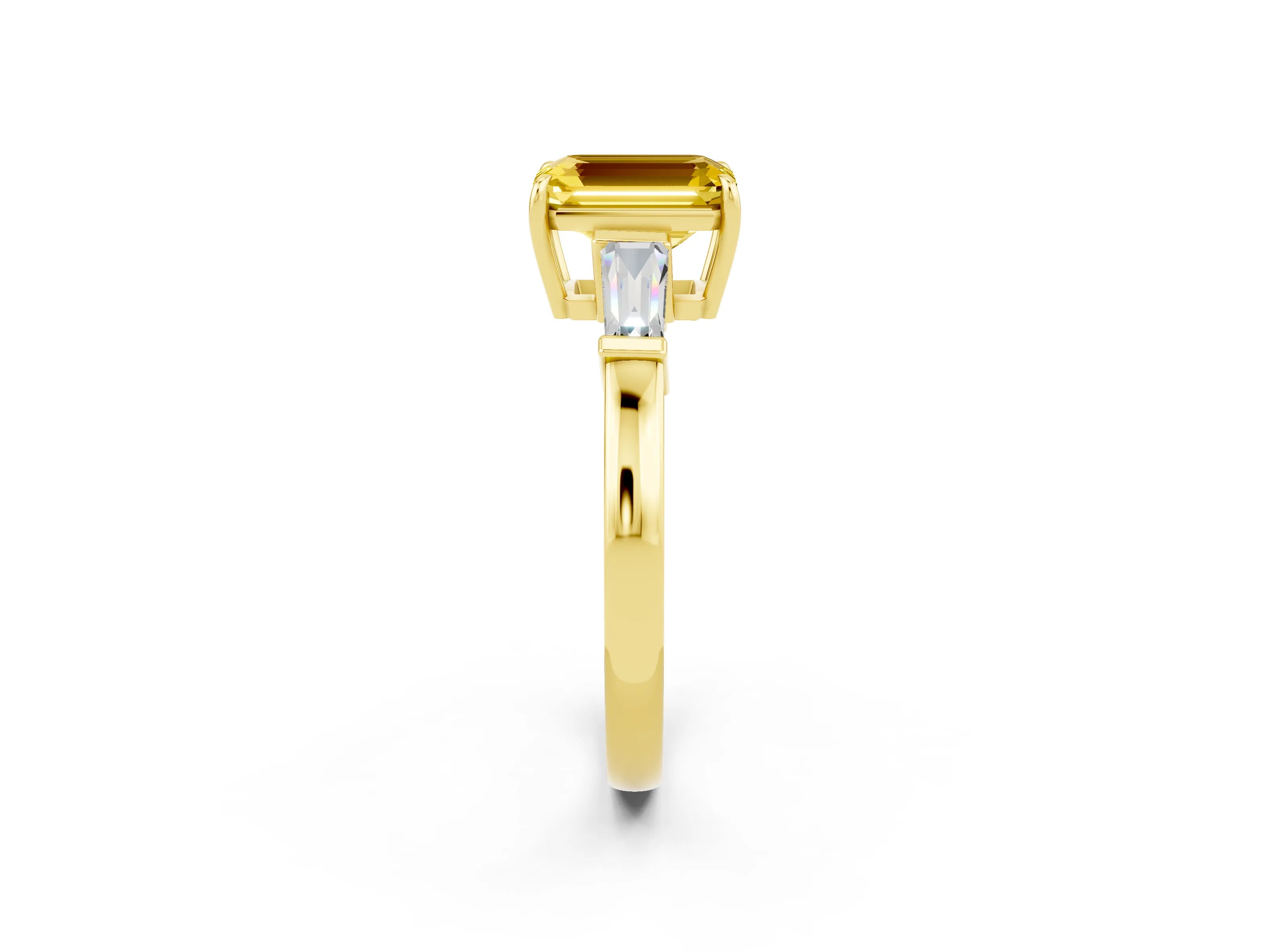 Yellow gold Emerald Cut Cut Diamond Ring with Tapered Baguette Side Stones in Four-Prong Setting_2