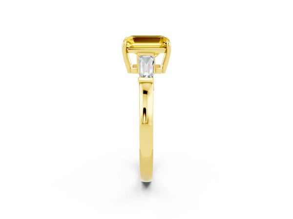 Yellow gold Emerald Cut Yellow Sapphire Three-Stone Ring with Tapered Baguette Side Stones and Prong Setting