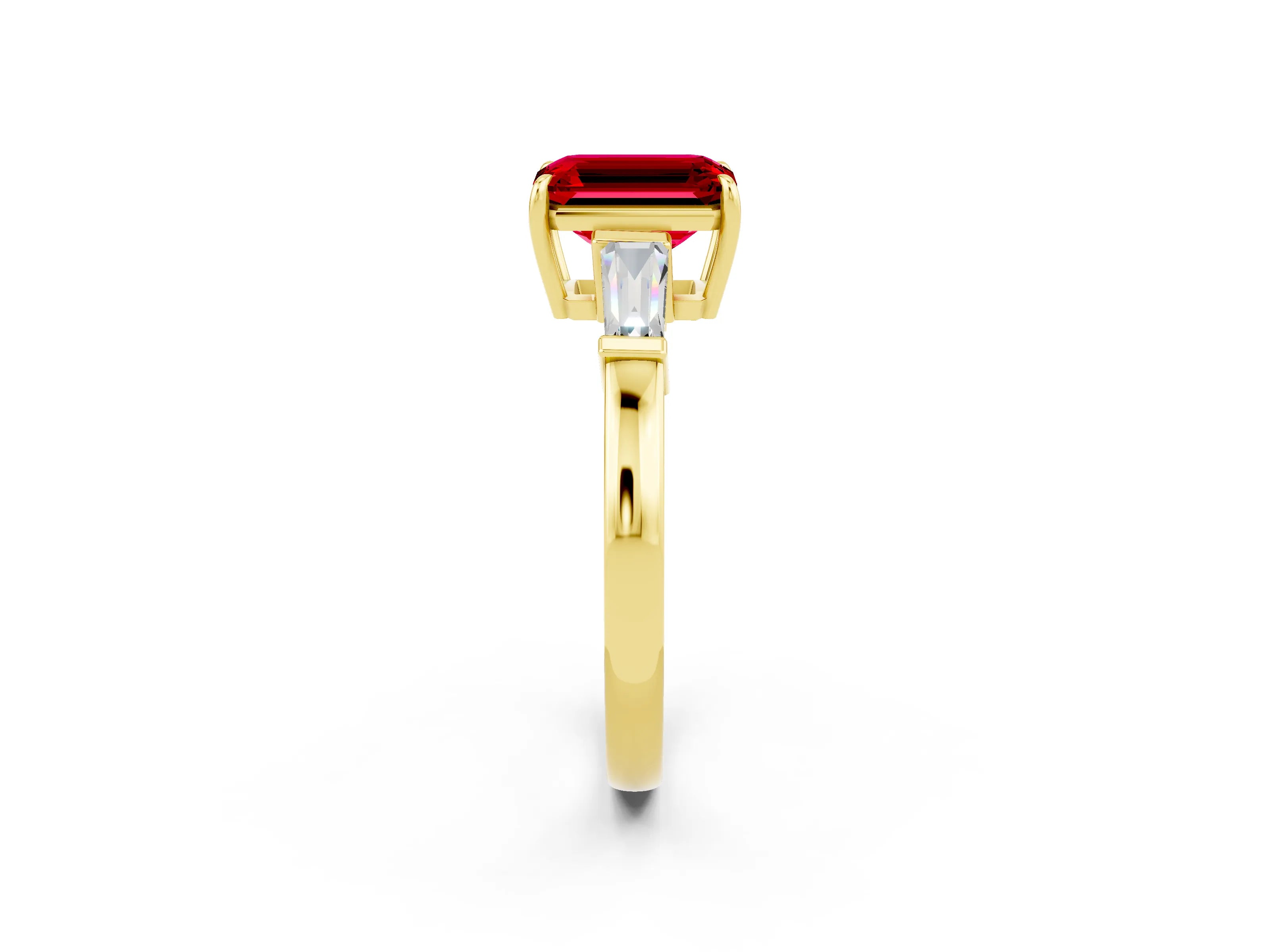 Yellow gold Emerald Cut Cut Diamond Ring with Tapered Baguette Side Stones in Four-Prong Setting_2