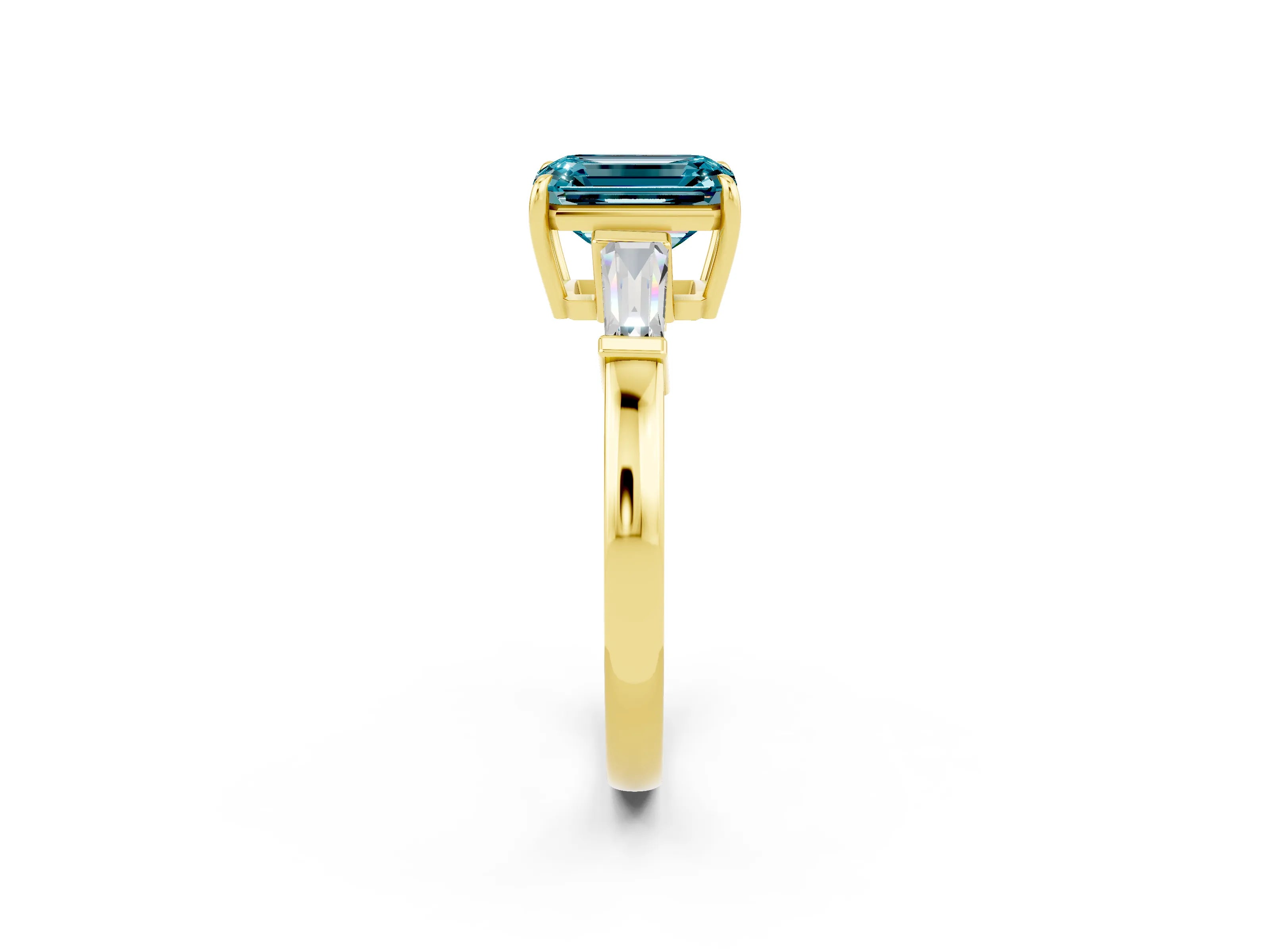 Yellow gold Emerald Cut Cut Diamond Ring with Tapered Baguette Side Stones in Four-Prong Setting_2