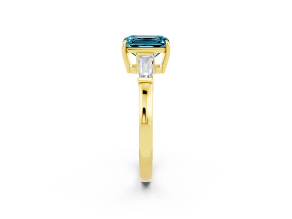 Yellow gold Emerald Cut Cut Diamond Ring with Tapered Baguette Side Stones in Four-Prong Setting