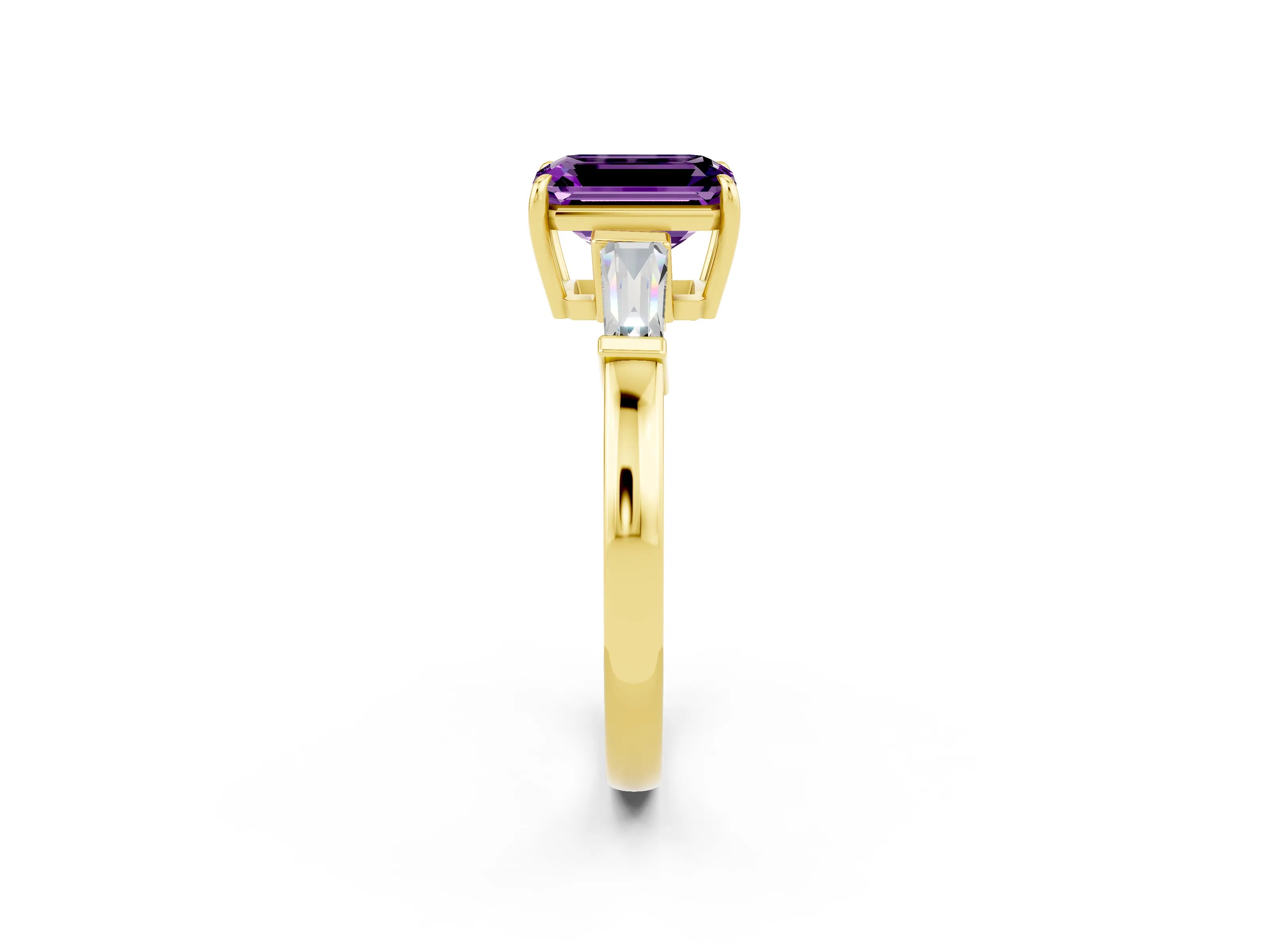 Yellow gold Emerald Cut Cut Diamond Ring with Tapered Baguette Side Stones in Four-Prong Setting_2