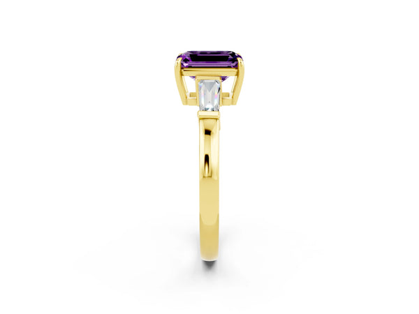 Yellow gold Emerald Cut Amethyst Three-Stone Ring with Tapered Baguette Side Stones and Prong Setting
