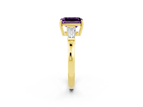 Yellow gold Emerald Cut Cut Diamond Ring with Tapered Baguette Side Stones in Four-Prong Setting_2
