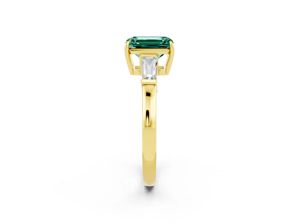 Yellow gold Emerald Cut Green Sapphire Three-Stone Ring with Tapered Baguette Side Stones and Prong Setting