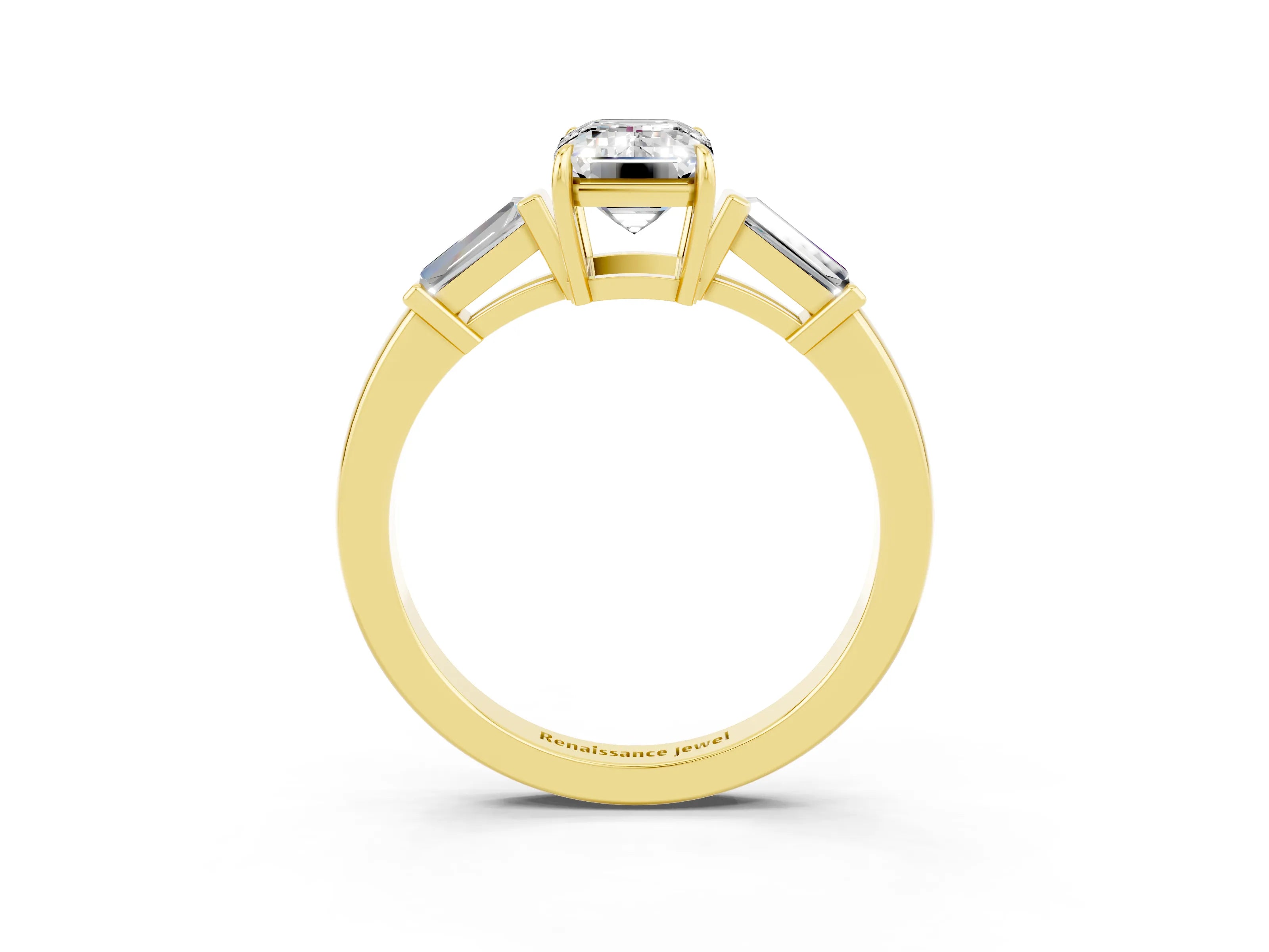 Yellow gold Emerald Cut Cut Diamond Ring with Tapered Baguette Side Stones in Four-Prong Setting_3