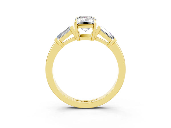 Yellow gold Emerald Cut Moissanite Three-Stone Ring with Tapered Baguette Side Stones and Prong Setting