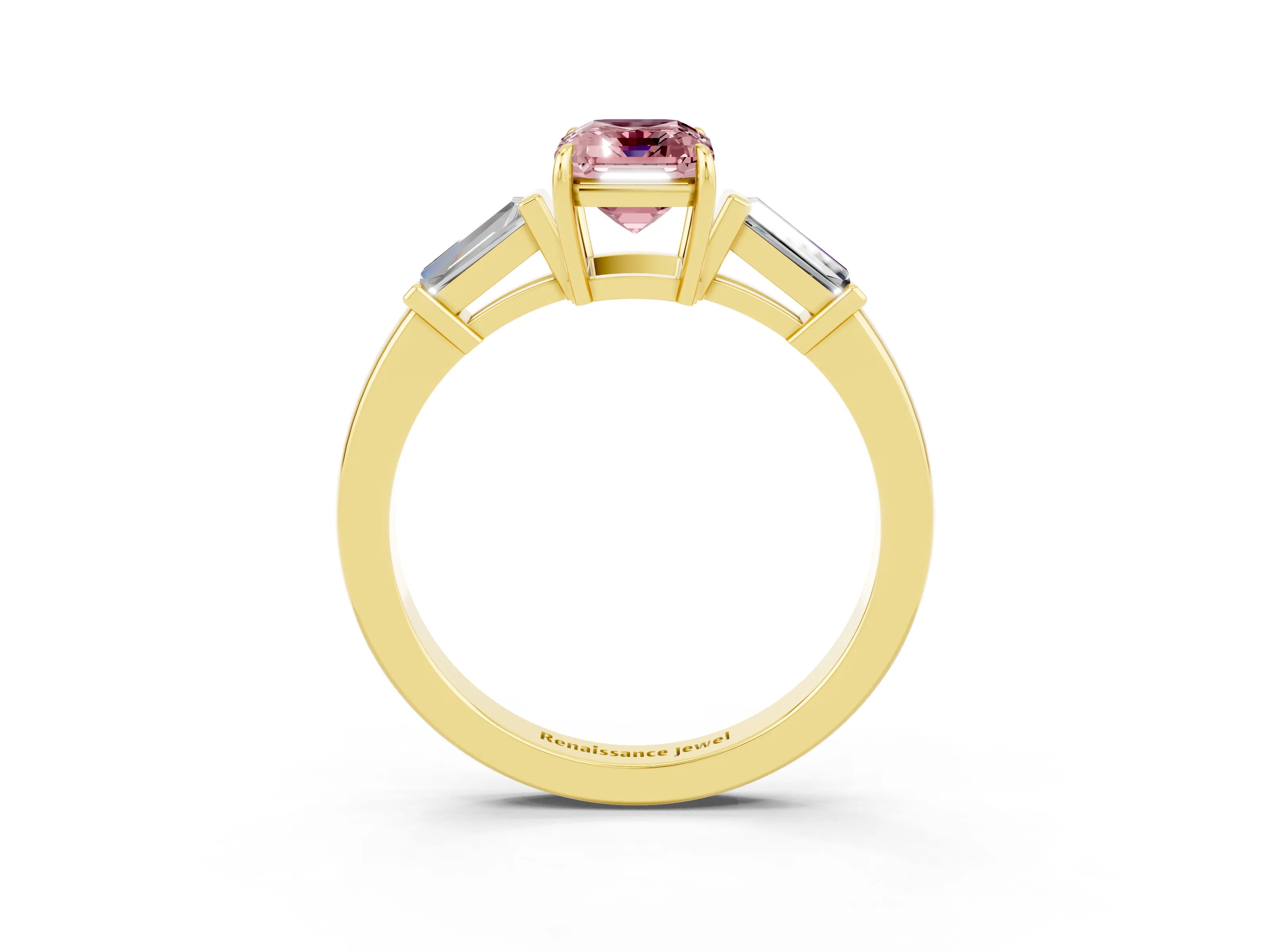 Yellow gold Emerald Cut Cut Diamond Ring with Tapered Baguette Side Stones in Four-Prong Setting_3