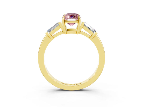 Yellow gold Emerald Cut Cut Diamond Ring with Tapered Baguette Side Stones in Four-Prong Setting
