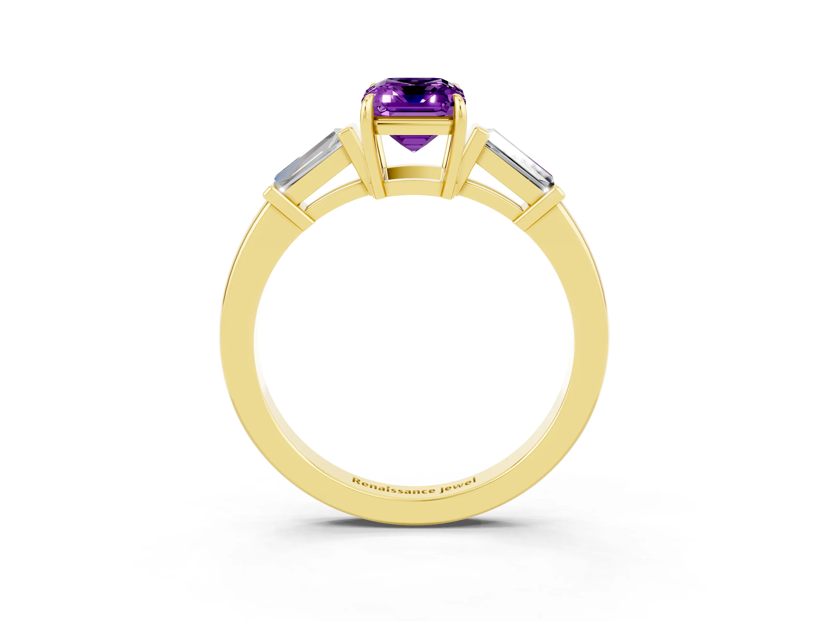 Yellow gold Emerald Cut Cut Diamond Ring with Tapered Baguette Side Stones in Four-Prong Setting_3