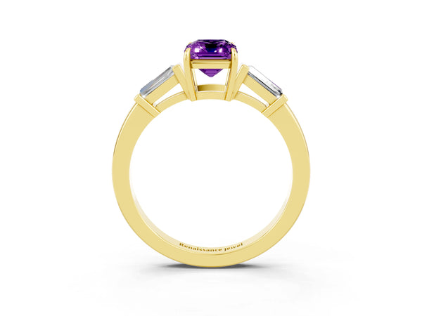 Yellow gold Emerald Cut Amethyst Three-Stone Ring with Tapered Baguette Side Stones and Prong Setting