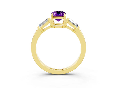 Yellow gold Emerald Cut Cut Diamond Ring with Tapered Baguette Side Stones in Four-Prong Setting_3