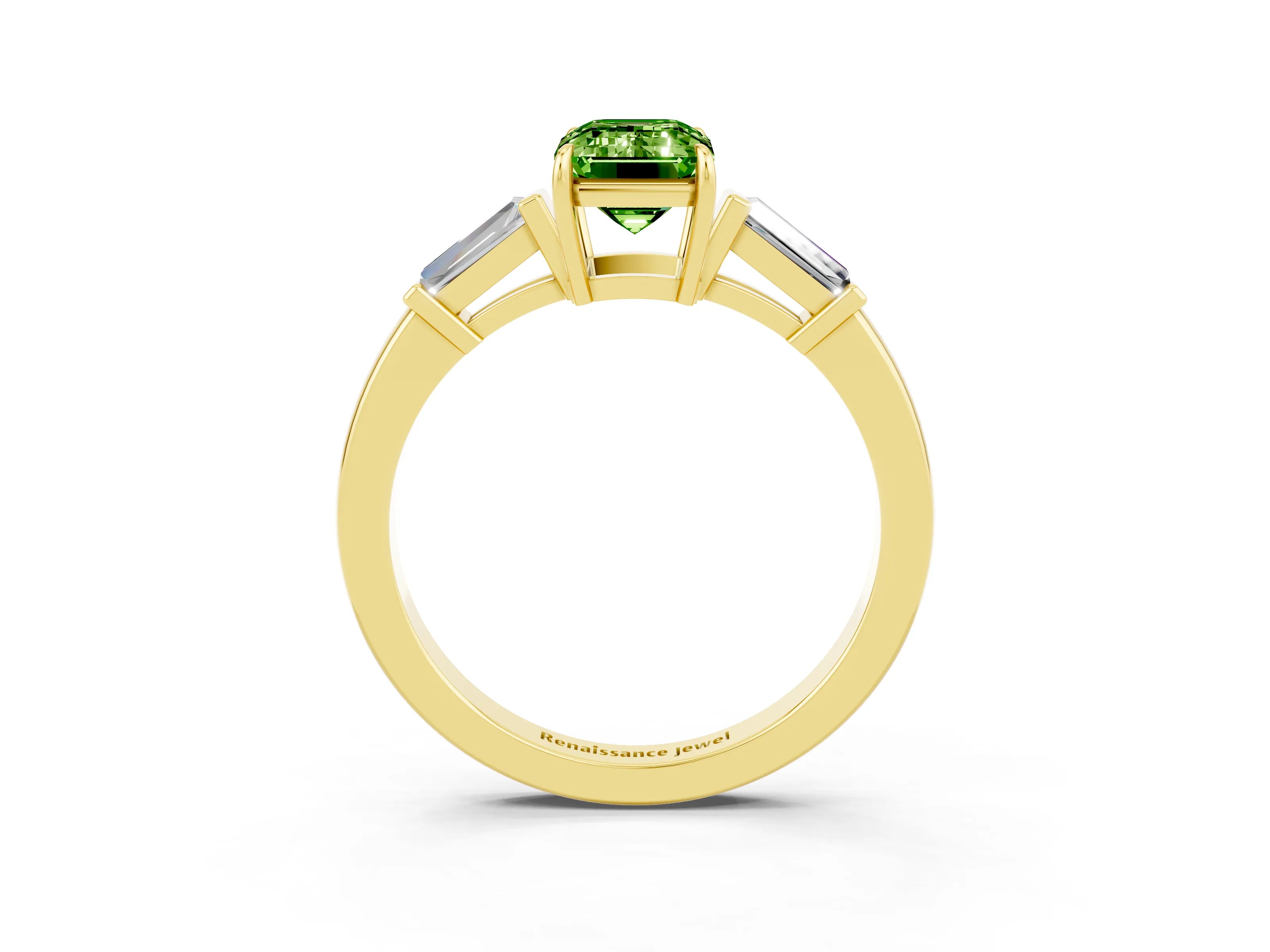 Yellow gold Emerald Cut Cut Diamond Ring with Tapered Baguette Side Stones in Four-Prong Setting_3