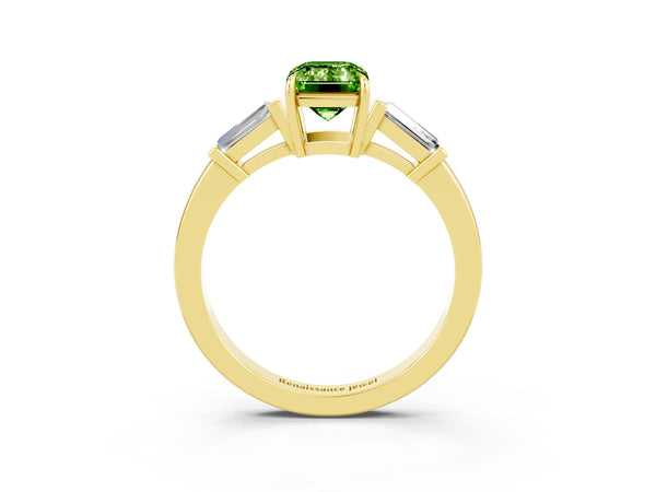 Yellow gold Emerald Cut Cut Diamond Ring with Tapered Baguette Side Stones in Four-Prong Setting