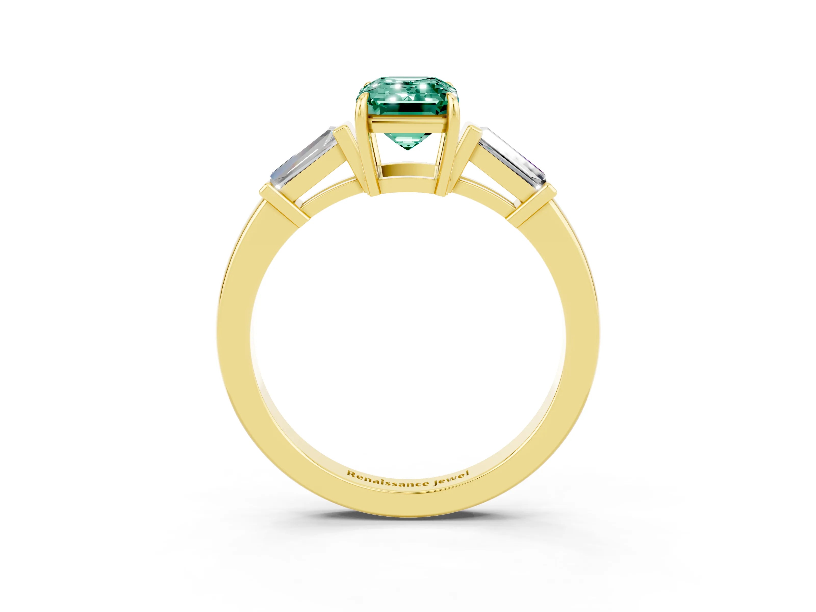 Yellow gold Emerald Cut Cut Diamond Ring with Tapered Baguette Side Stones in Four-Prong Setting_3