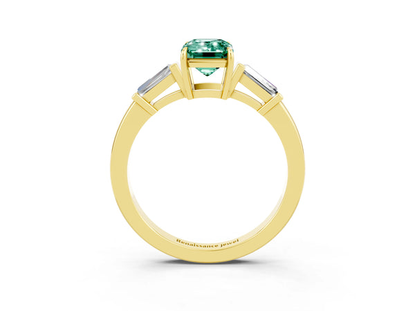 Yellow gold Emerald Cut Green Sapphire Three-Stone Ring with Tapered Baguette Side Stones and Prong Setting
