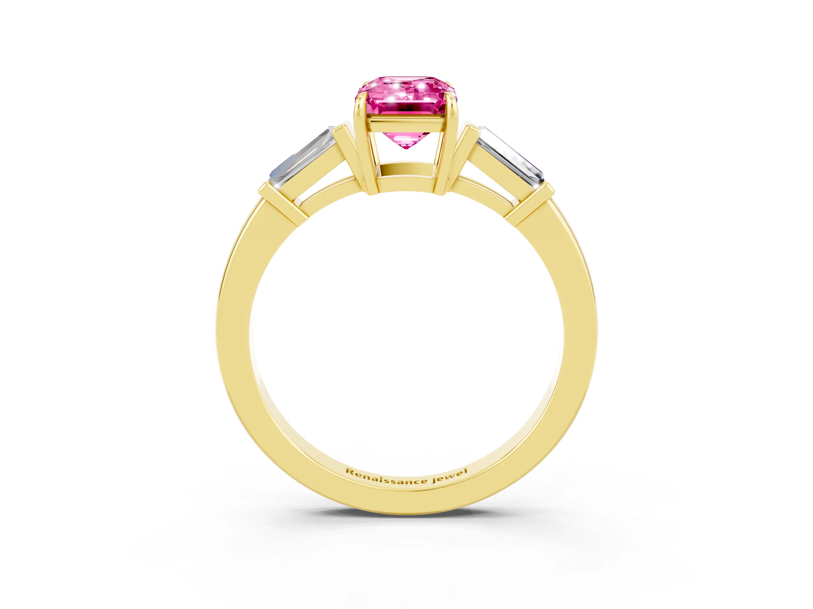 Yellow gold Emerald Cut Cut Diamond Ring with Tapered Baguette Side Stones in Four-Prong Setting_3