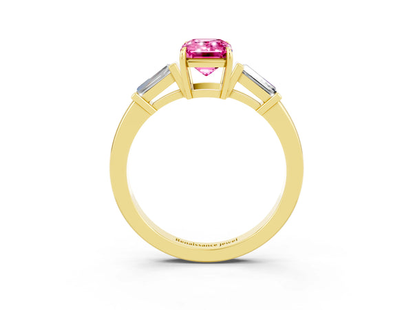 Yellow gold Emerald Cut Pink Sapphire Three-Stone Ring with Tapered Baguette Side Stones and Prong Setting