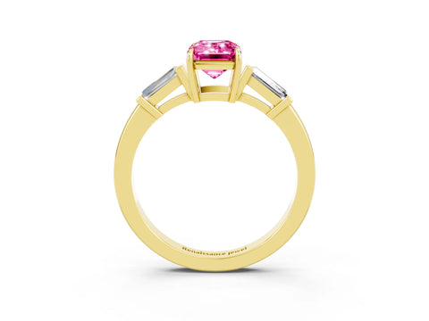 Yellow gold Emerald Cut Cut Diamond Ring with Tapered Baguette Side Stones in Four-Prong Setting_3