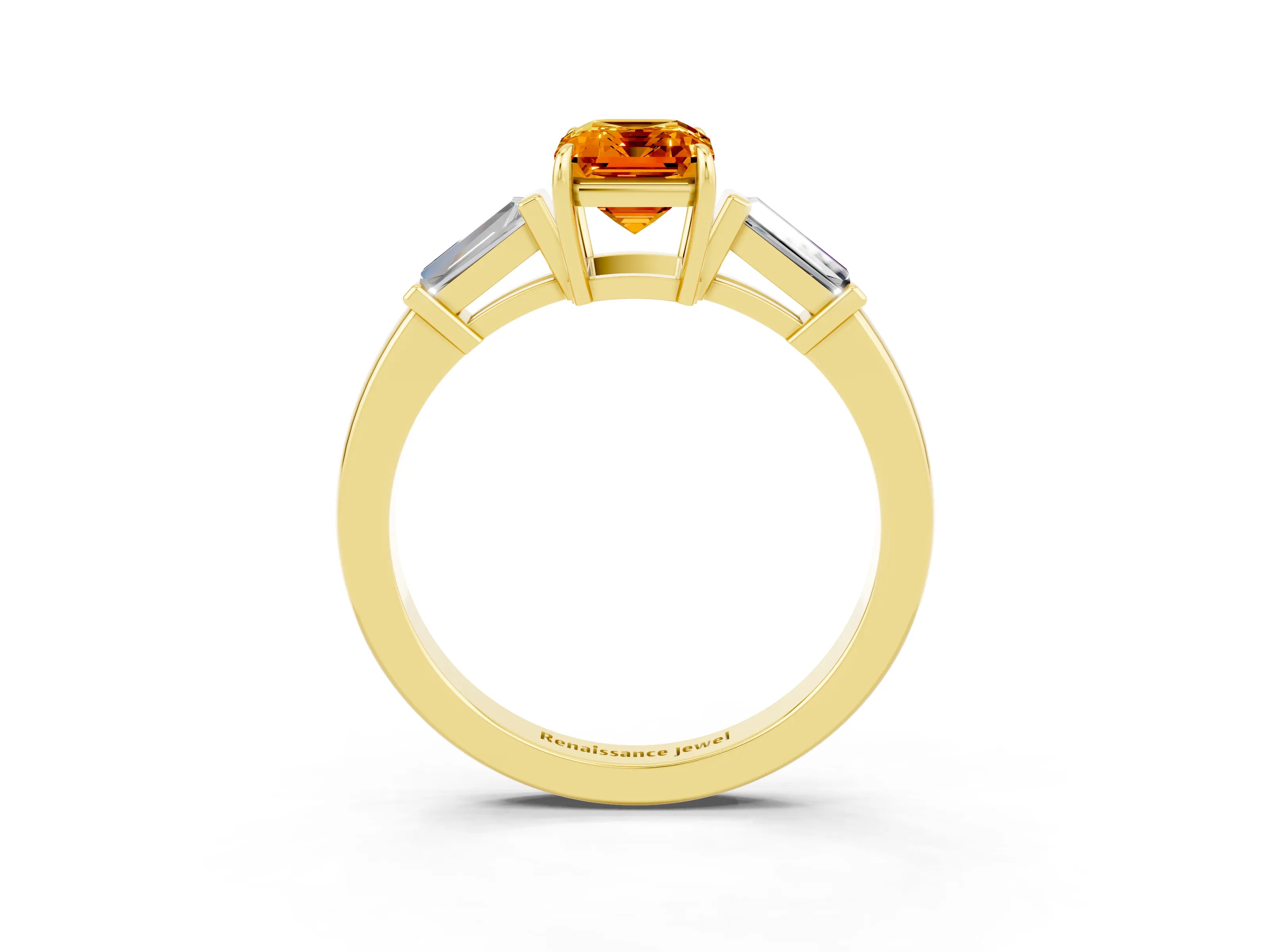 Yellow gold Emerald Cut Cut Diamond Ring with Tapered Baguette Side Stones in Four-Prong Setting_3