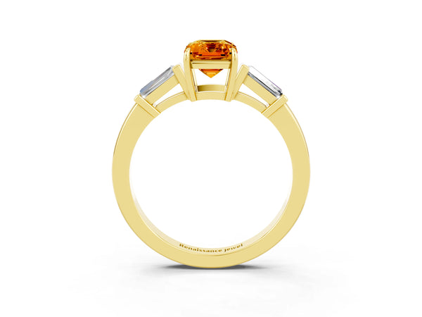 Yellow gold Emerald Cut Citrine Three-Stone Ring with Tapered Baguette Side Stones and Prong Setting