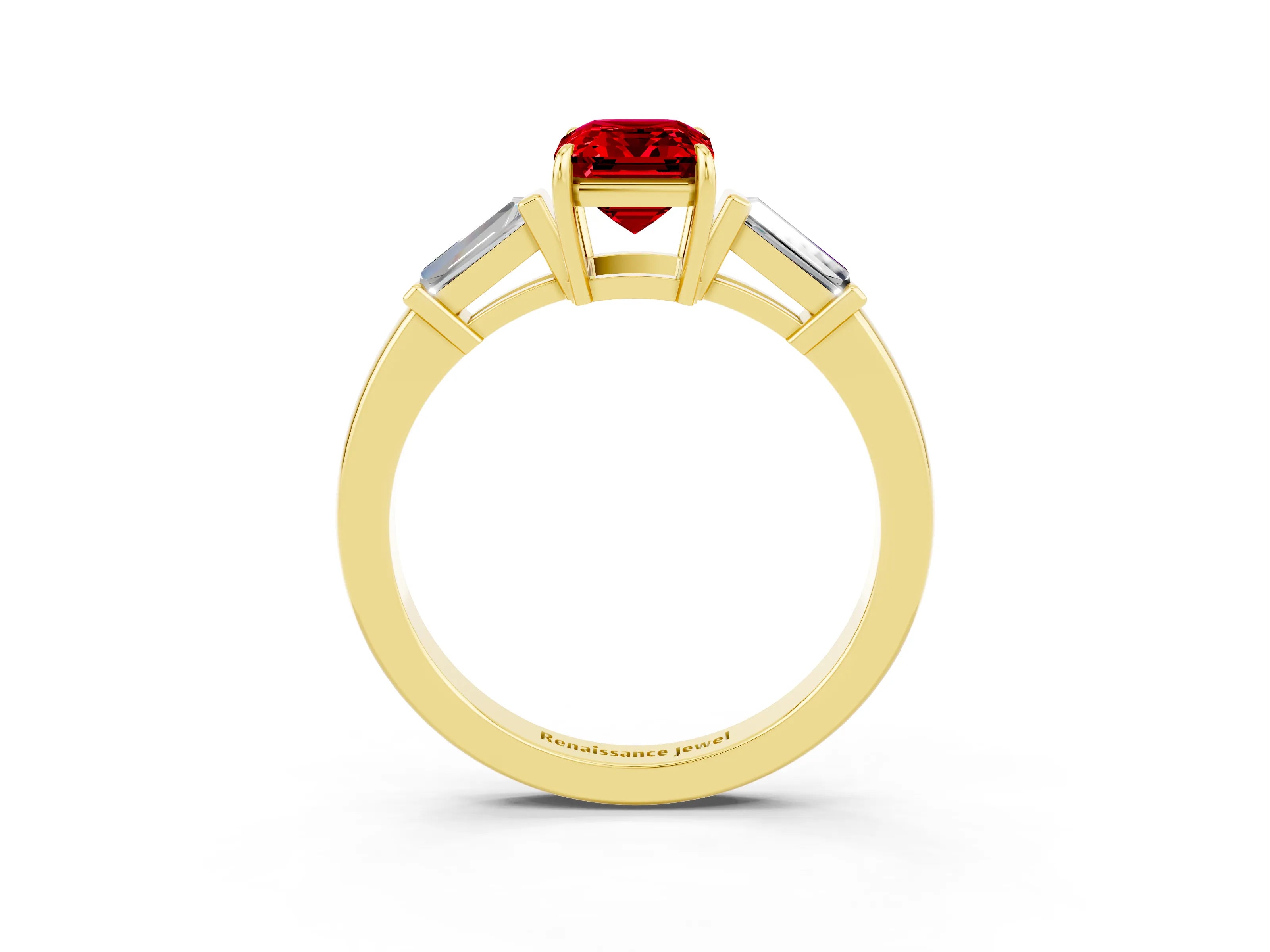 Yellow gold Emerald Cut Cut Diamond Ring with Tapered Baguette Side Stones in Four-Prong Setting_3
