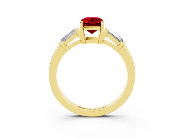 Yellow gold Emerald Cut Cut Diamond Ring with Tapered Baguette Side Stones in Four-Prong Setting