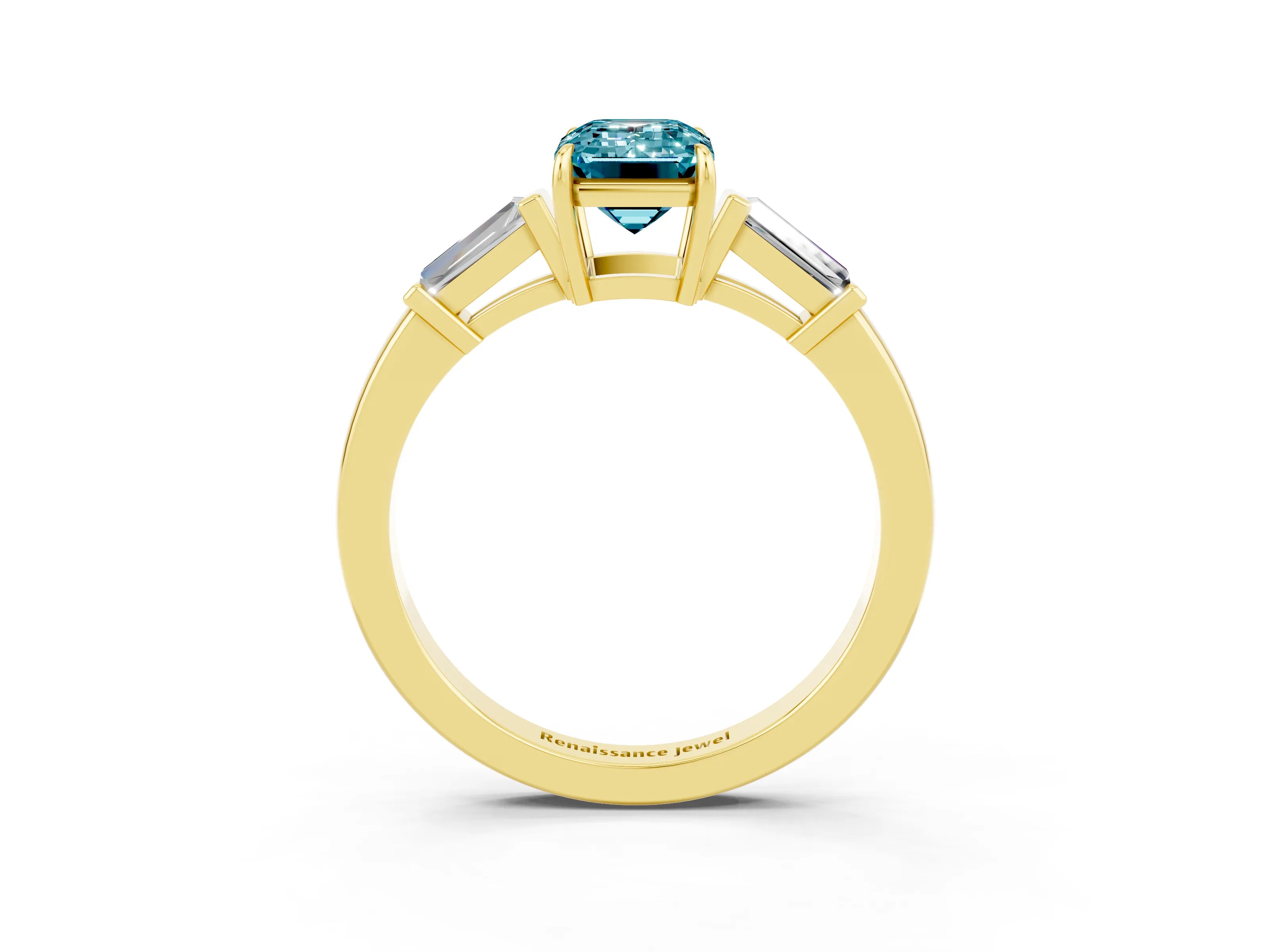 Yellow gold Emerald Cut Cut Diamond Ring with Tapered Baguette Side Stones in Four-Prong Setting_3