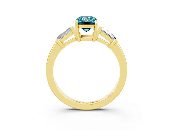 Yellow gold Emerald Cut Cut Diamond Ring with Tapered Baguette Side Stones in Four-Prong Setting