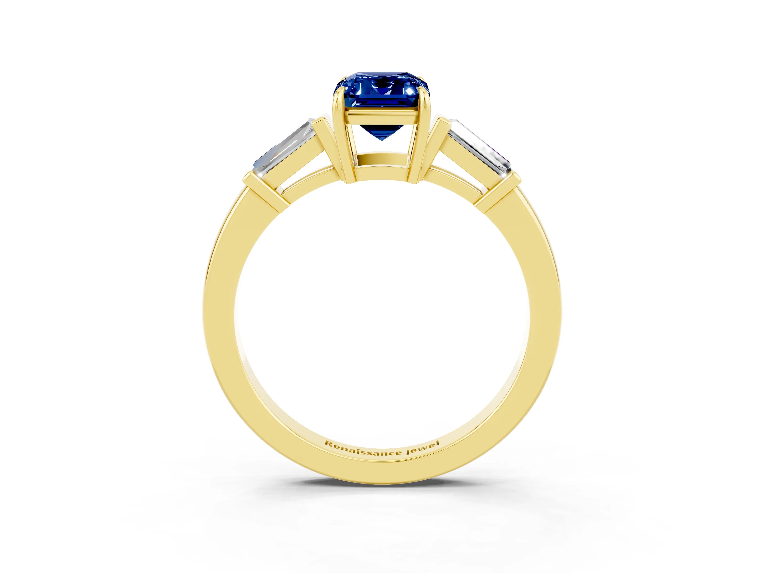 Yellow gold Emerald Cut Cut Diamond Ring with Tapered Baguette Side Stones in Four-Prong Setting_3