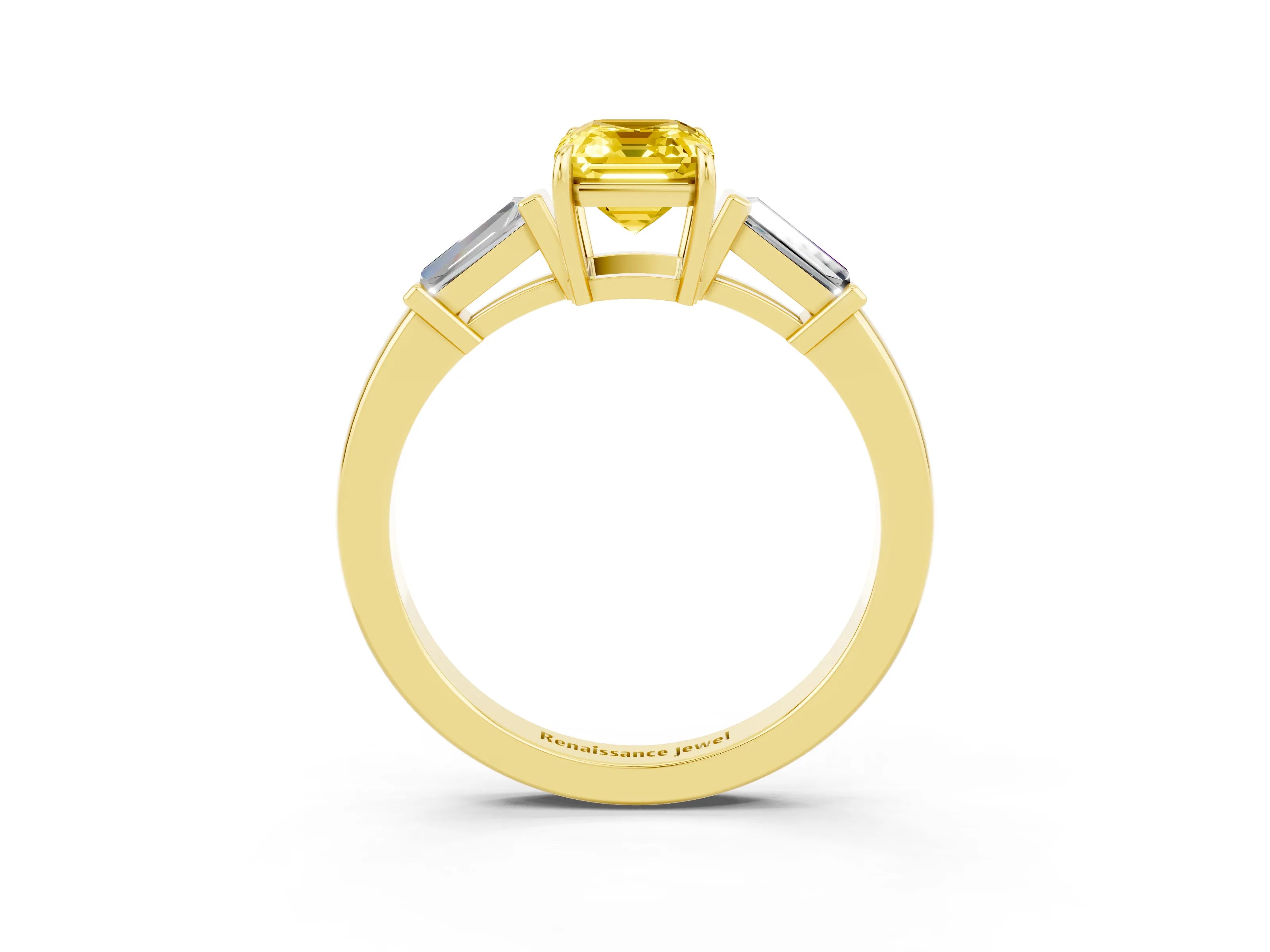 Yellow gold Emerald Cut Cut Diamond Ring with Tapered Baguette Side Stones in Four-Prong Setting_3