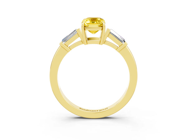 Yellow gold Emerald Cut Yellow Sapphire Three-Stone Ring with Tapered Baguette Side Stones and Prong Setting