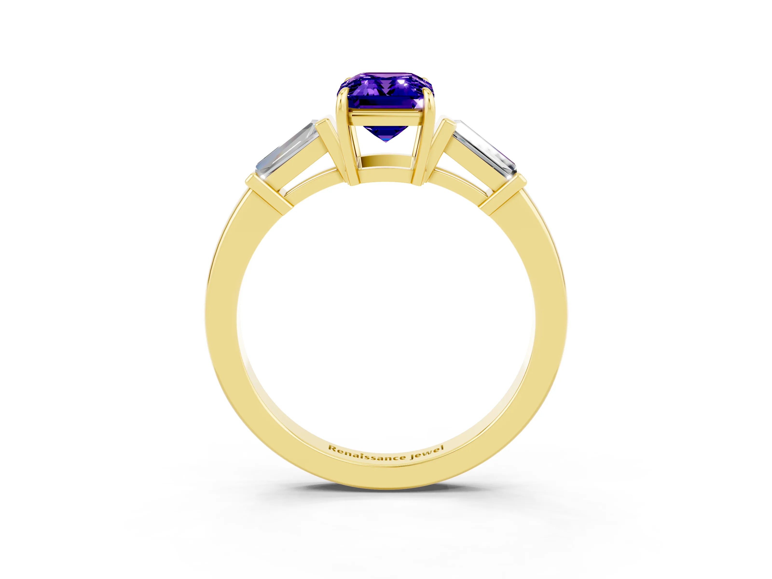 Yellow gold Emerald Cut Cut Diamond Ring with Tapered Baguette Side Stones in Four-Prong Setting_3