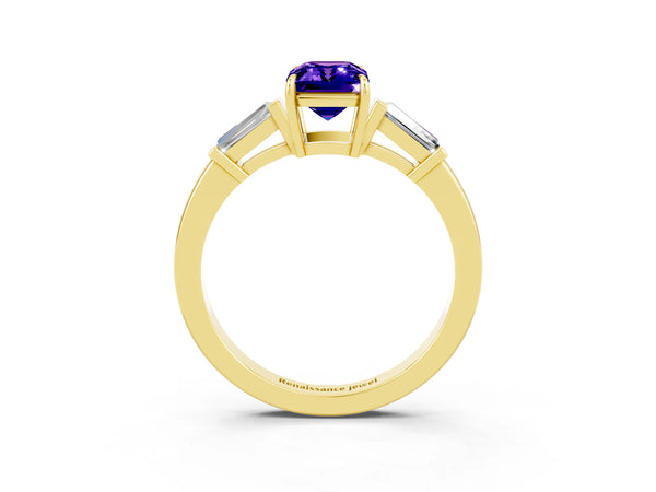 Yellow gold Emerald Cut Tanzanite Three-Stone Ring with Tapered Baguette Side Stones and Prong Setting