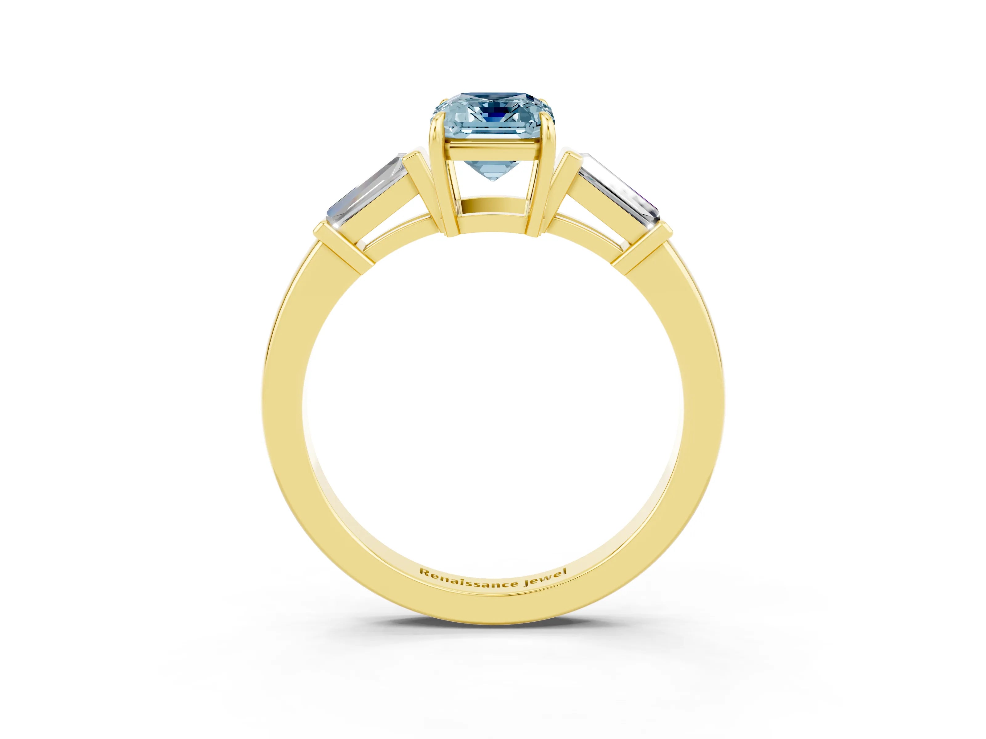 Yellow gold Emerald Cut Cut Diamond Ring with Tapered Baguette Side Stones in Four-Prong Setting_3