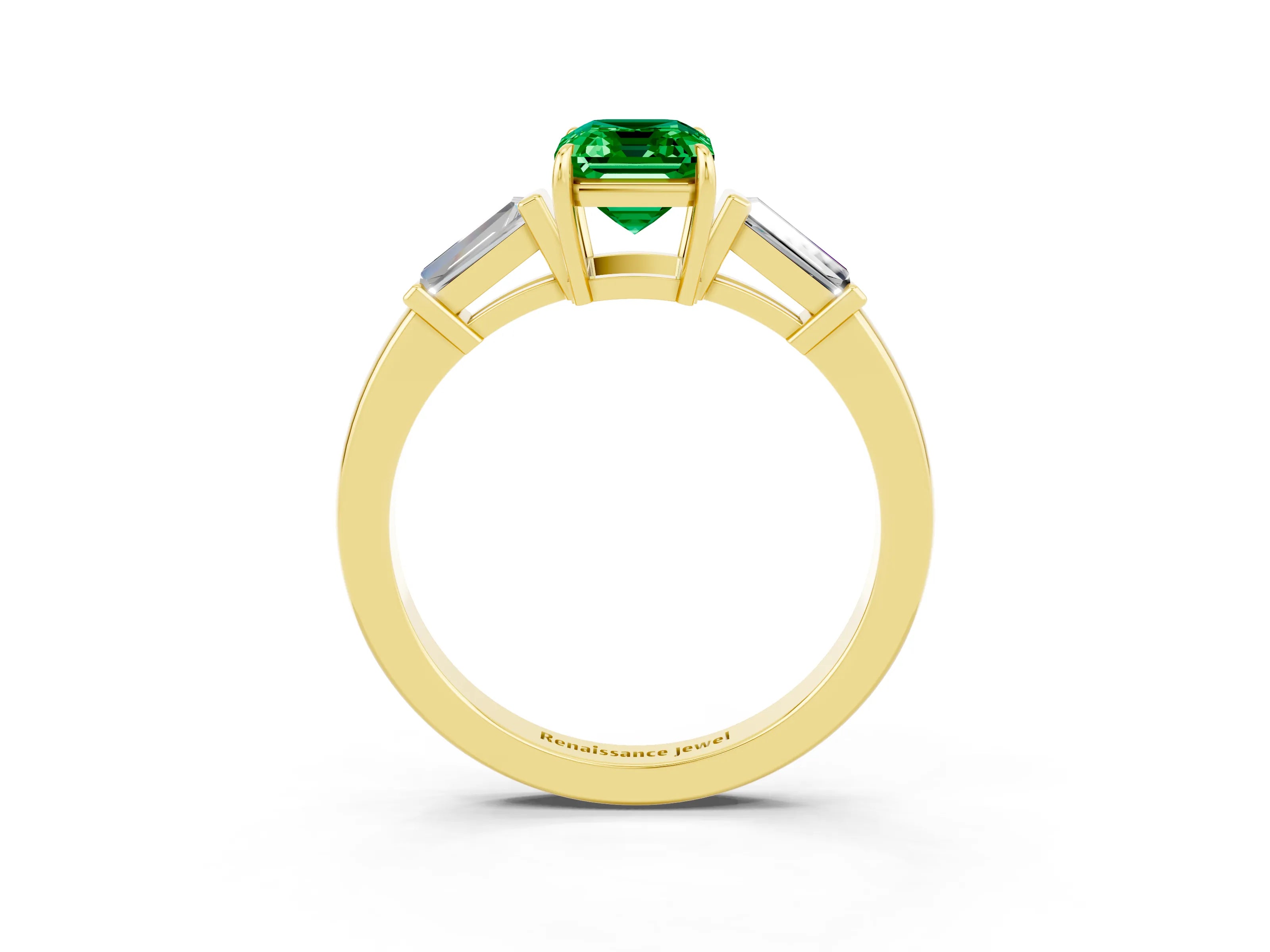 Yellow gold Emerald Cut Cut Diamond Ring with Tapered Baguette Side Stones in Four-Prong Setting_3