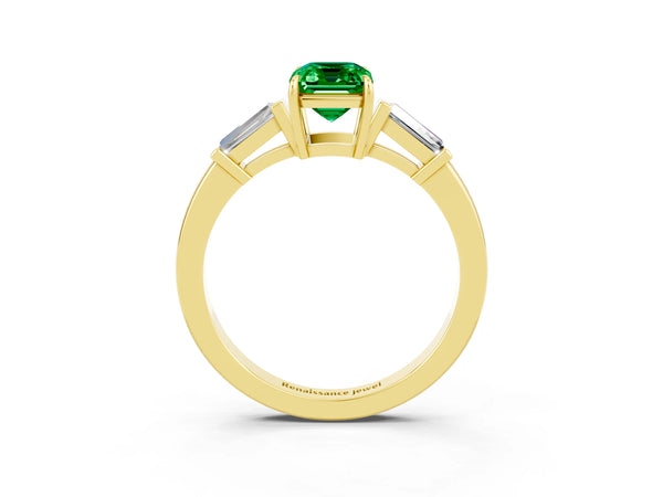 Yellow gold Emerald Cut Emerald Three-Stone Ring with Tapered Baguette Side Stones and Prong Setting