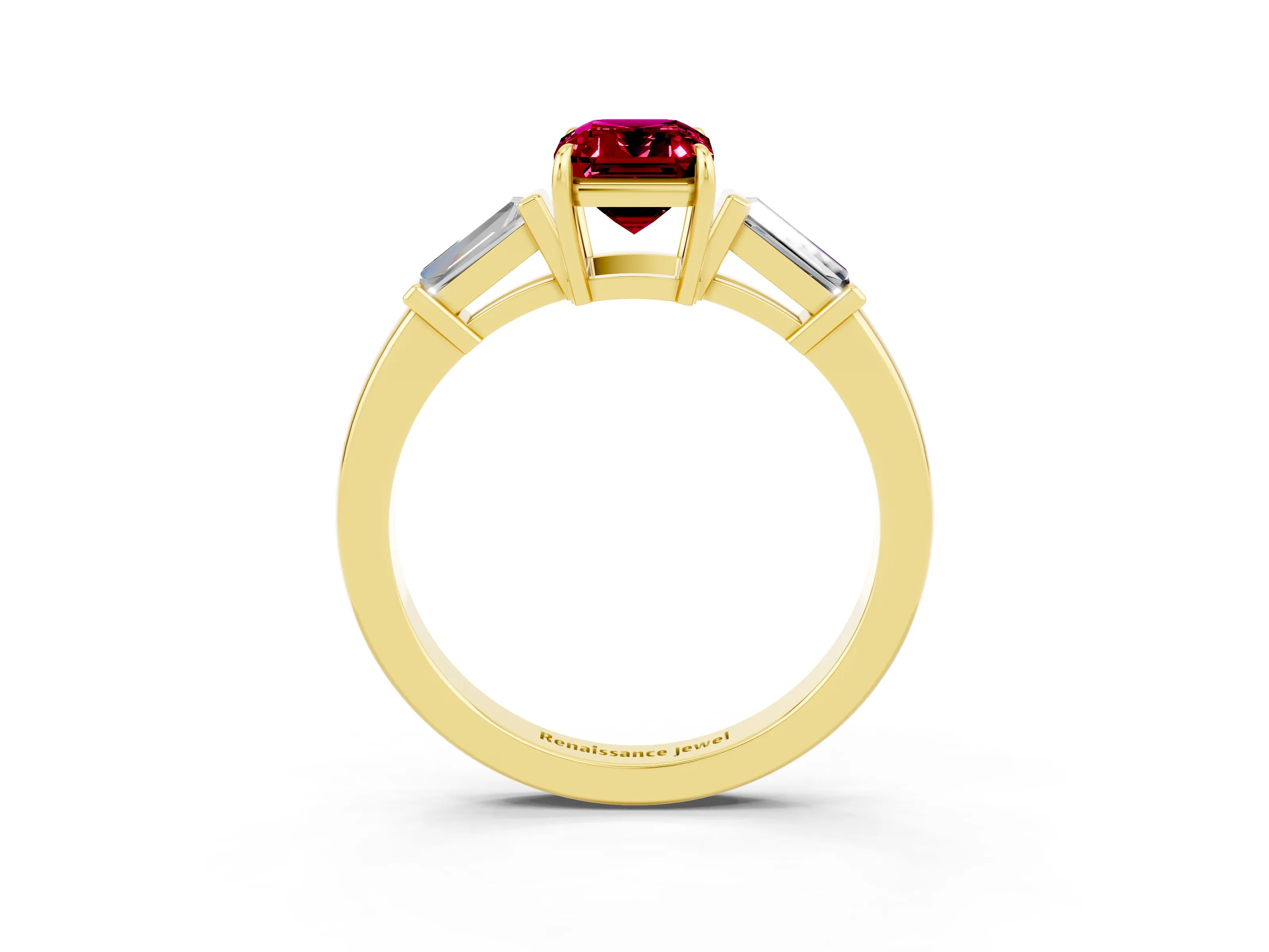 Yellow gold Emerald Cut Cut Diamond Ring with Tapered Baguette Side Stones in Four-Prong Setting_3
