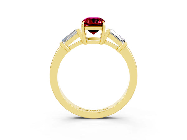 Yellow gold Emerald Cut Garnet Three-Stone Ring with Tapered Baguette Side Stones and Prong Setting