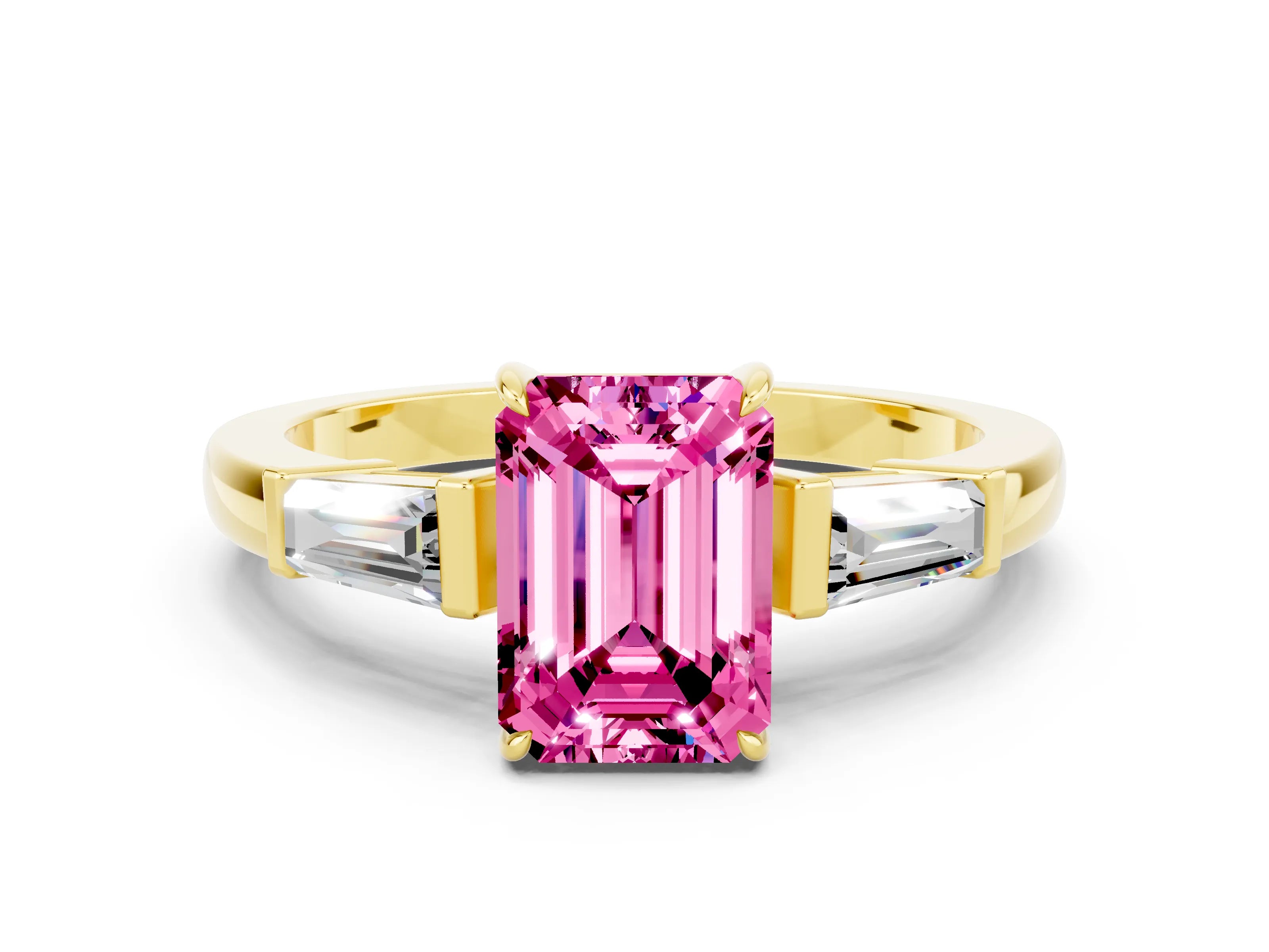 Yellow gold Emerald Cut Cut Diamond Ring with Tapered Baguette Side Stones in Four-Prong Setting