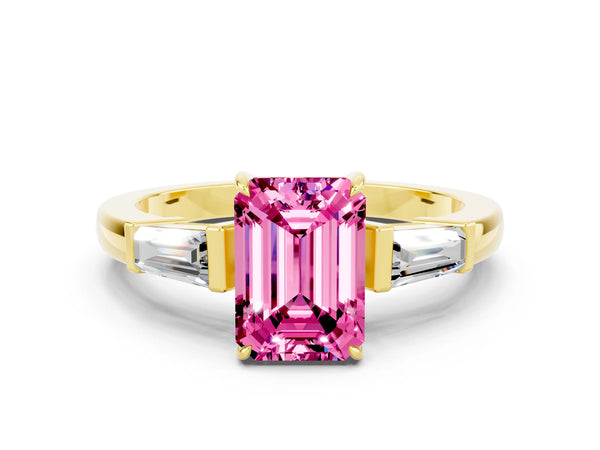 Yellow gold Emerald Cut Pink Sapphire Three-Stone Ring with Tapered Baguette Side Stones and Prong Setting