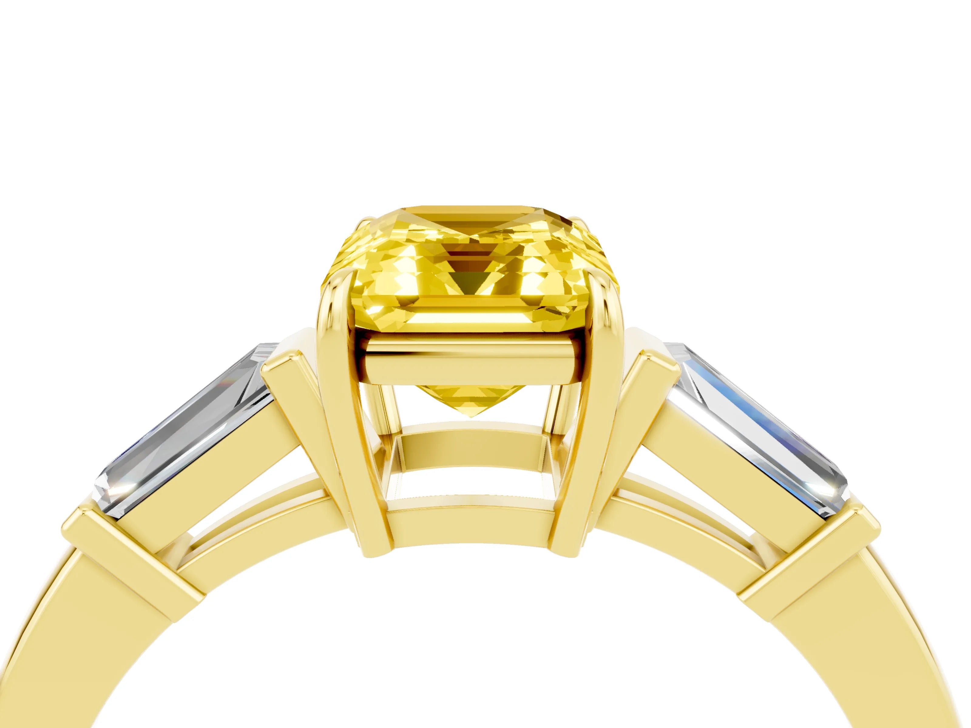 Yellow gold Emerald Cut Cut Diamond Ring with Tapered Baguette Side Stones in Four-Prong Setting_4
