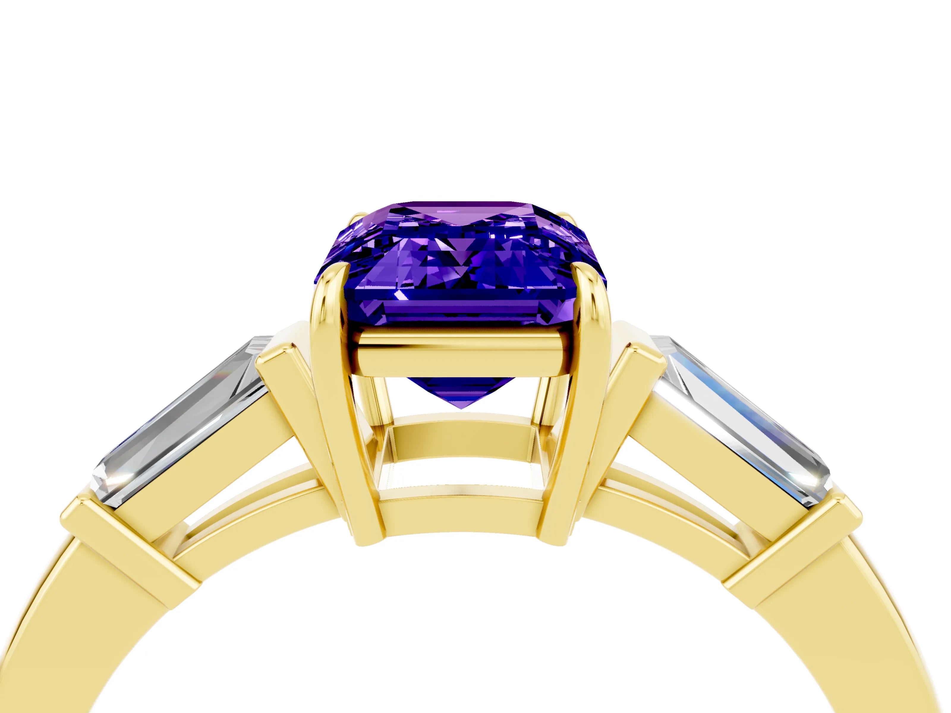 Yellow gold Emerald Cut Cut Diamond Ring with Tapered Baguette Side Stones in Four-Prong Setting_4