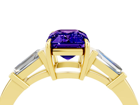 Yellow gold Emerald Cut Cut Diamond Ring with Tapered Baguette Side Stones in Four-Prong Setting_4