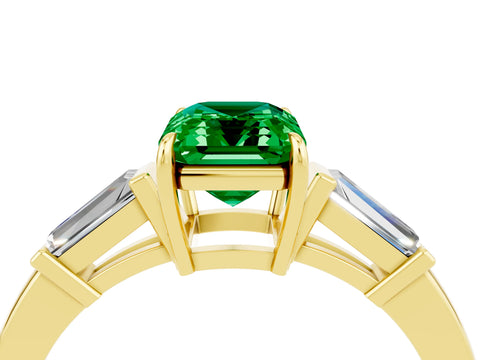 Yellow gold Emerald Cut Cut Diamond Ring with Tapered Baguette Side Stones in Four-Prong Setting_4