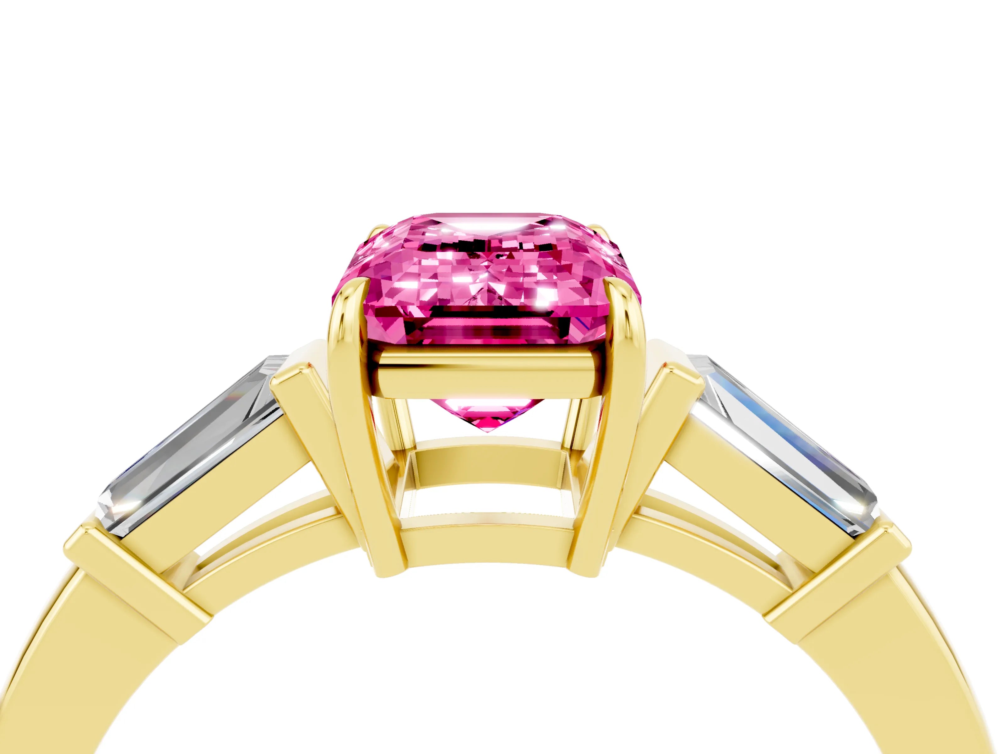 Yellow gold Emerald Cut Cut Diamond Ring with Tapered Baguette Side Stones in Four-Prong Setting_4